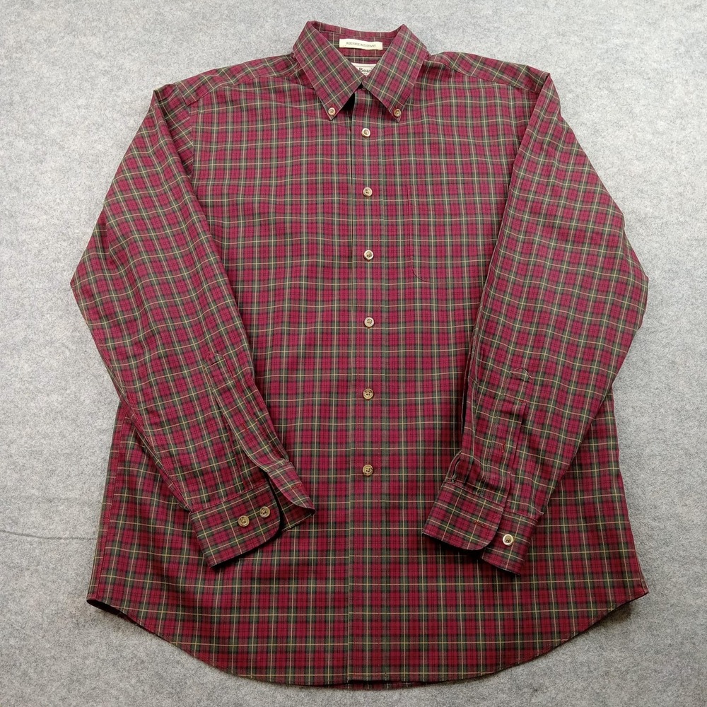 LL Bean Shirt Mens Medium Red Green Plaid Wrinkle Resistant Button Front 218573